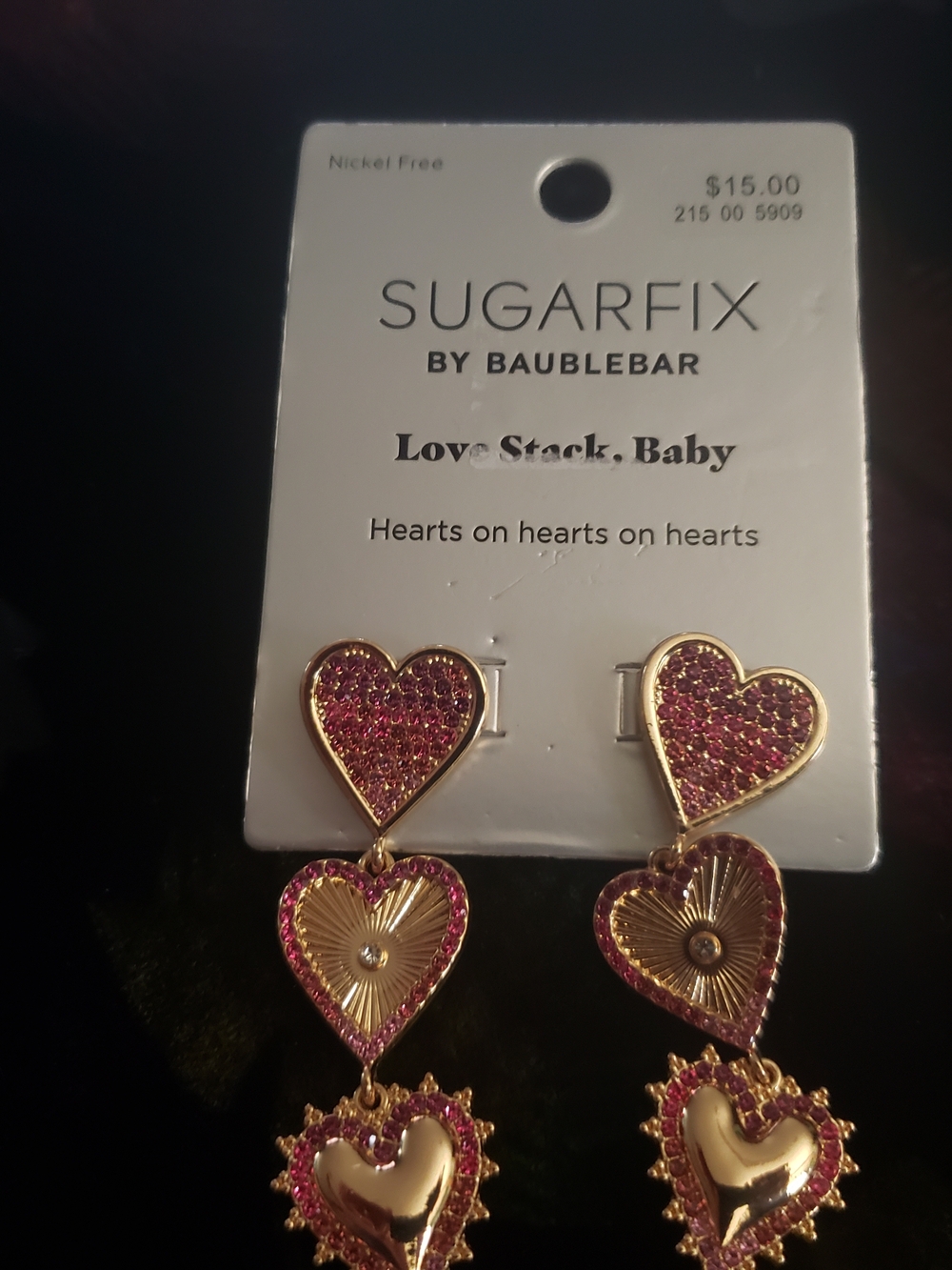 BaubleBar Gold & Pink Triple Heart Drop Earrings
